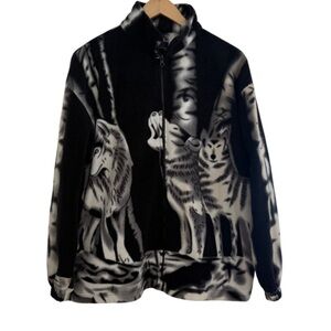 AOP Fleece Zip Up and White Wolf Graphic Zip-Up Jacket Size Medium Oversized